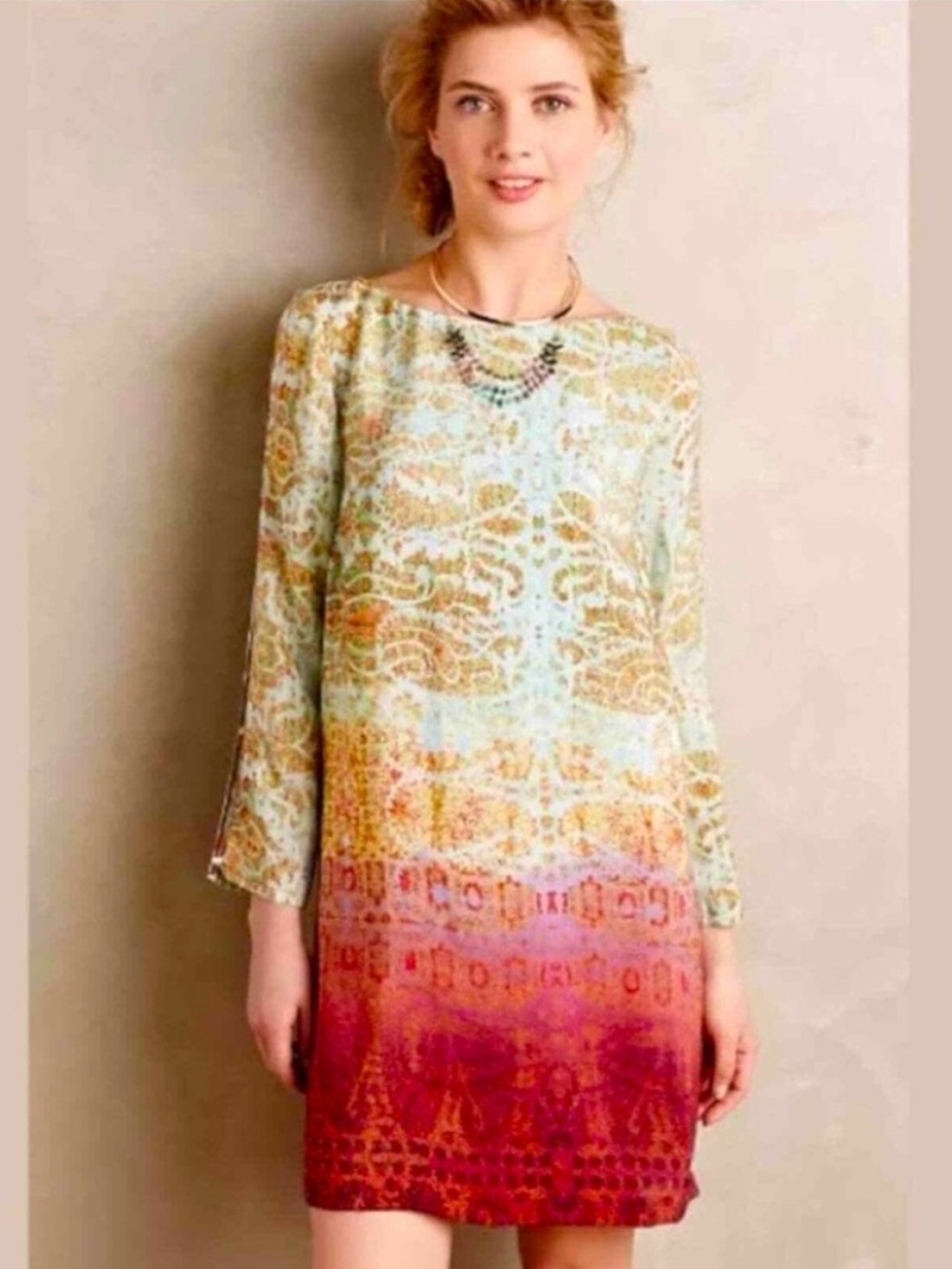 Anthropologie Maeve Damask Print Cleome  Boho Shift Dress Long Sleeve